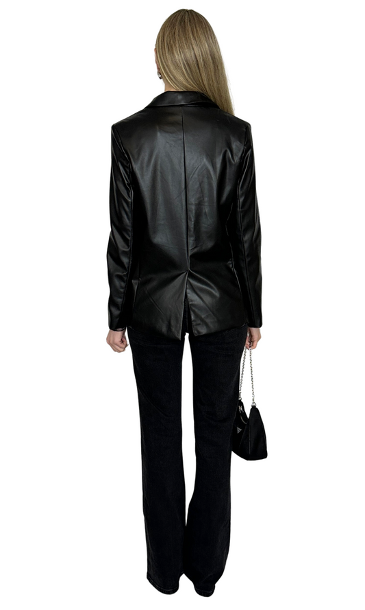 Lightweight faux leather blazer with a tailored fit, designed for a polished, sophisticated look perfect for business or a night out.