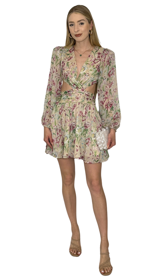 Nude, magenta, and green floral print dress featuring a deep V-front neckline, cut-out sides, hidden skirt zipper, and back panel zipper, showcasing a vibrant and intricate pattern perfect for special occasions.