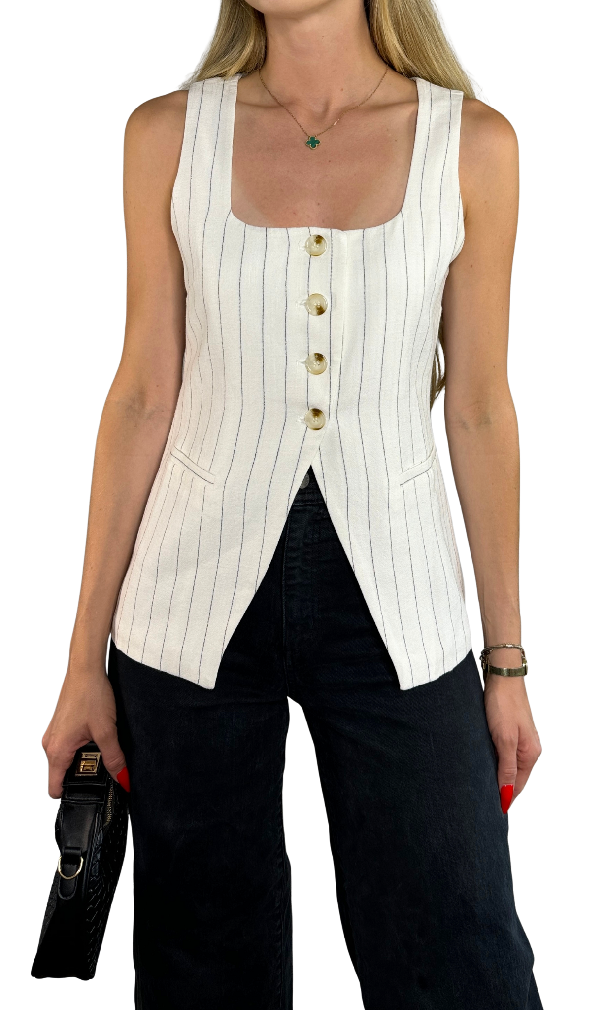 Haven striped vest top in white with thin black stripes, featuring a square neckline and full lining for a polished, playful fit perfect for layering.