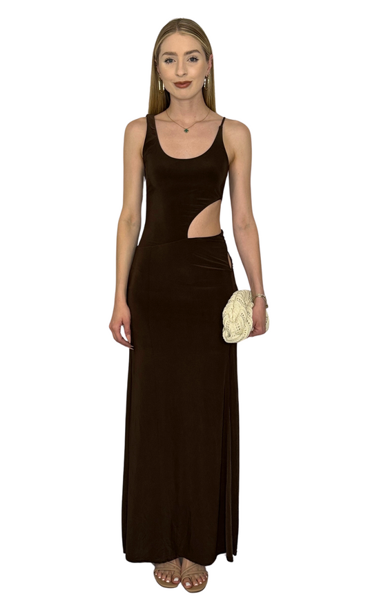 Chocolate brown maxi dress with side and hip cutouts, front slit, and modern, figure-flattering silhouette