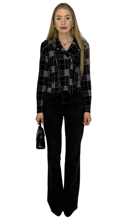 Knit houndstooth print motorcycle jacket with decorative snaps, zipper accents, and a functional front zipper for a stylish day-to-night look.