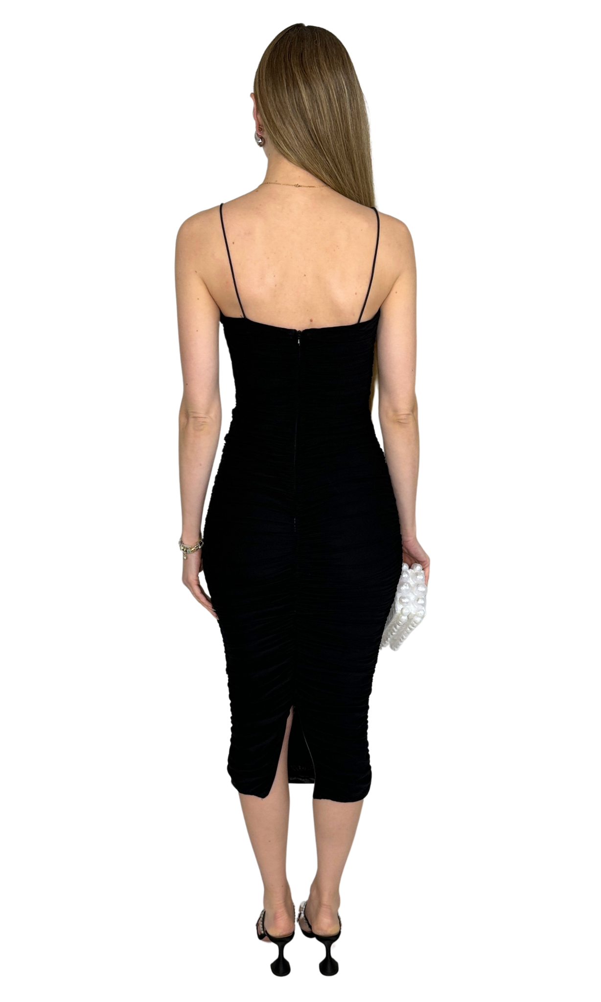 Black mesh ruched midi dress with back zipper and hem zipper – form-fitting silhouette with comfortable stretch