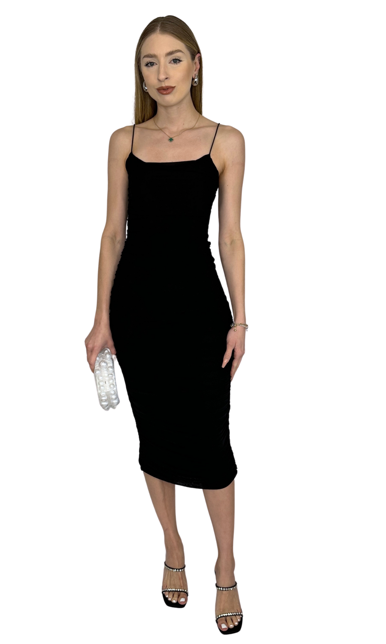 Black mesh ruched midi dress with back zipper and hem zipper – form-fitting silhouette with comfortable stretch