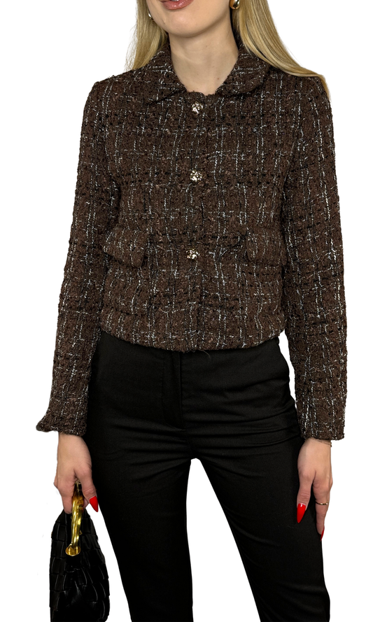 Julie Tweed Jacket featuring long sleeves, gold button detailing, and a sleek welt pocket. A timeless, polished piece perfect for elevating any outfit.