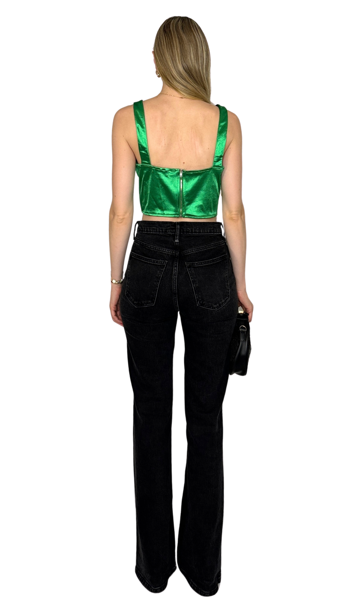 Kelly green corset top featuring boning structure and back zipper, made with stretch fabric for a breathable, tailored fit that enhances an hourglass silhouette.