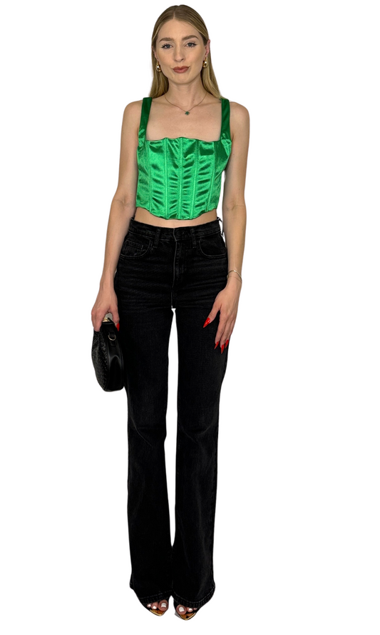 Kelly green corset top featuring boning structure and back zipper, made with stretch fabric for a breathable, tailored fit that enhances an hourglass silhouette.
