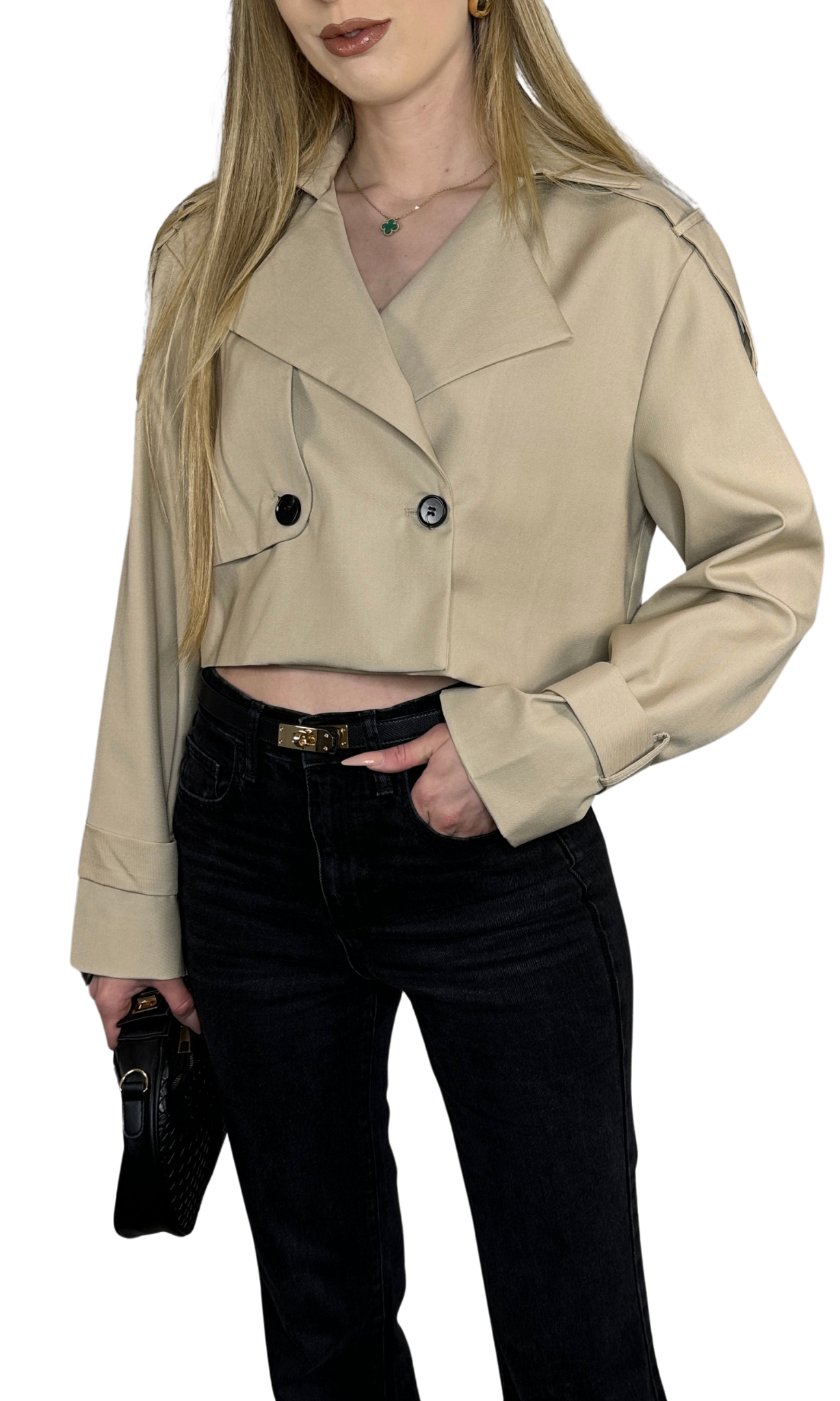 Khaki cropped trench jacket with elegant tailored design, versatile layering piece for a chic wardrobe.