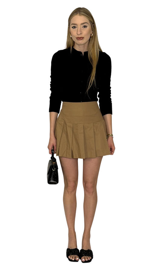 Women's khaki pleated skirt with hidden side zipper – versatile, seasonless wardrobe staple with smooth, flattering fit