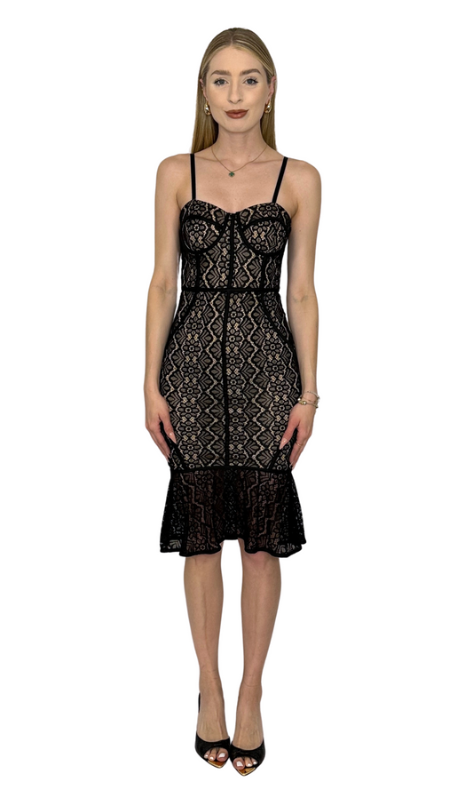 Little black lace bodycon dress featuring a sweetheart neckline, adjustable straps, and a hidden back zipper, designed for timeless comfort and excellent support for all-night wear.
