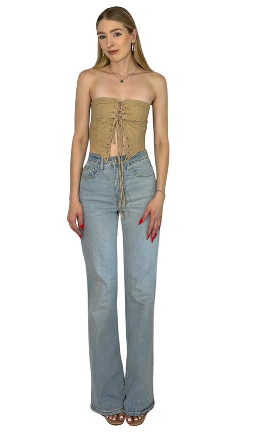 Lightweight cotton blend lace up corset top tailored for a slim fit, designed to accentuate curves and create a flattering hourglass silhouette while offering all-day comfort.