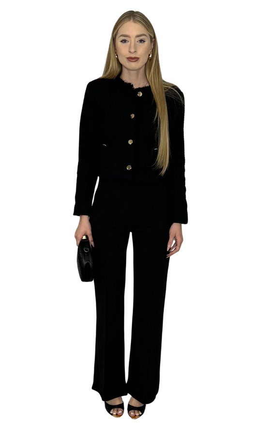 Women's high-waisted flared trousers with back hidden zipper and front seam detail – soft lightweight fabric for a flattering, comfortable fit