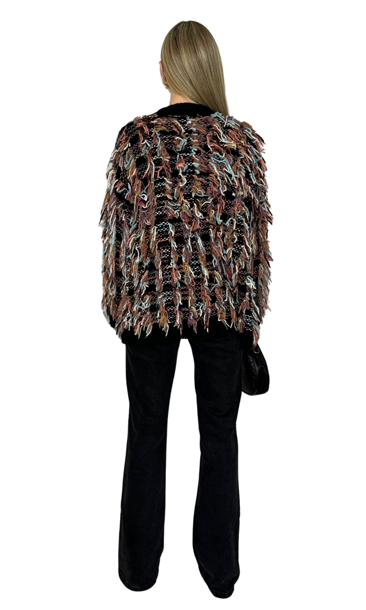 Multicolor open-front cardigan with fringe details and thick fabric for warmth and layering.