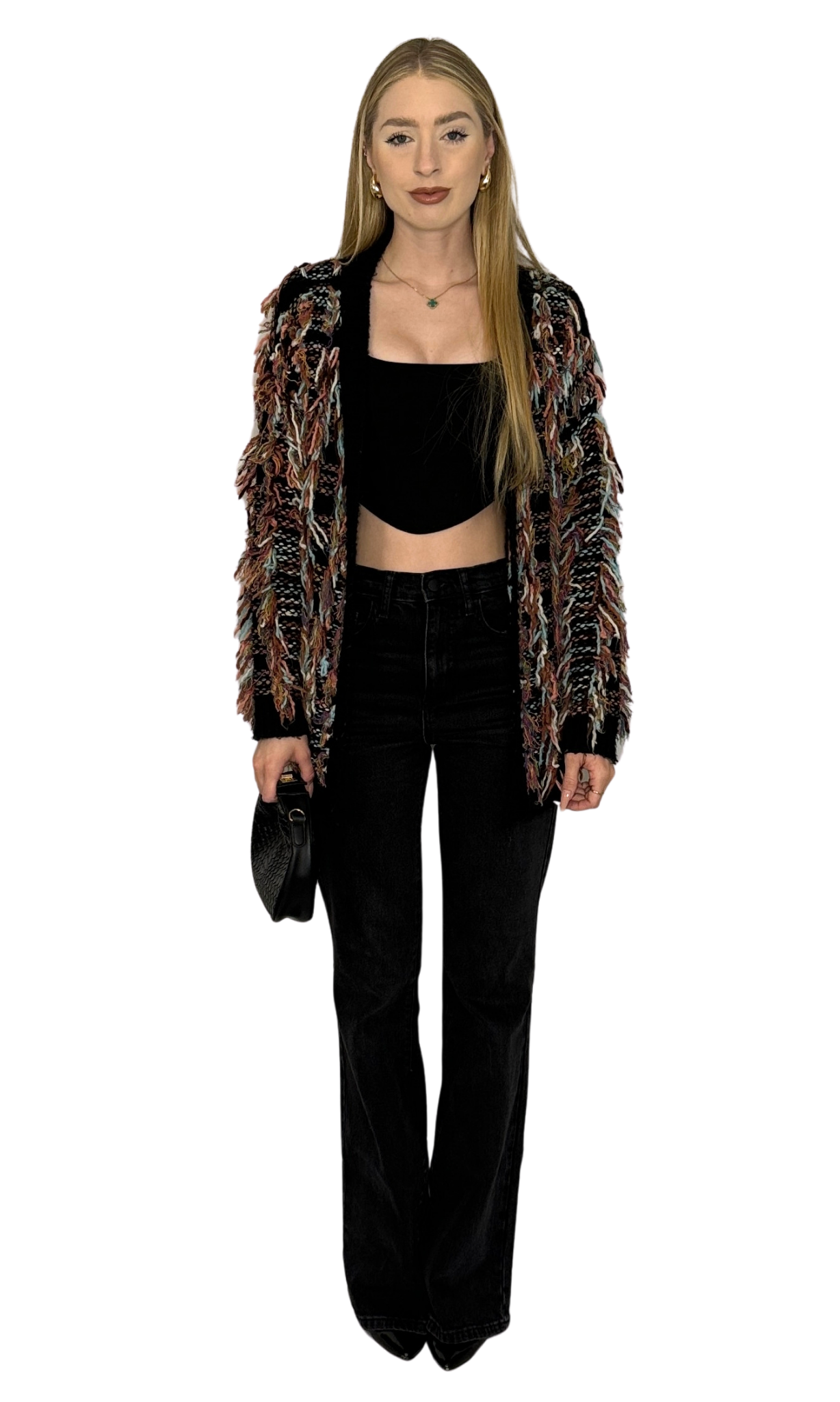 Multicolor open-front cardigan with fringe details and thick fabric for warmth and layering.
