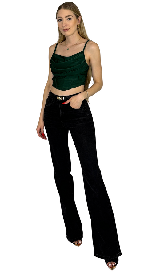 The Nelly Corset — knit draped corset top with angled front, adjustable straps, and faux corset detailing for a flattering fit.