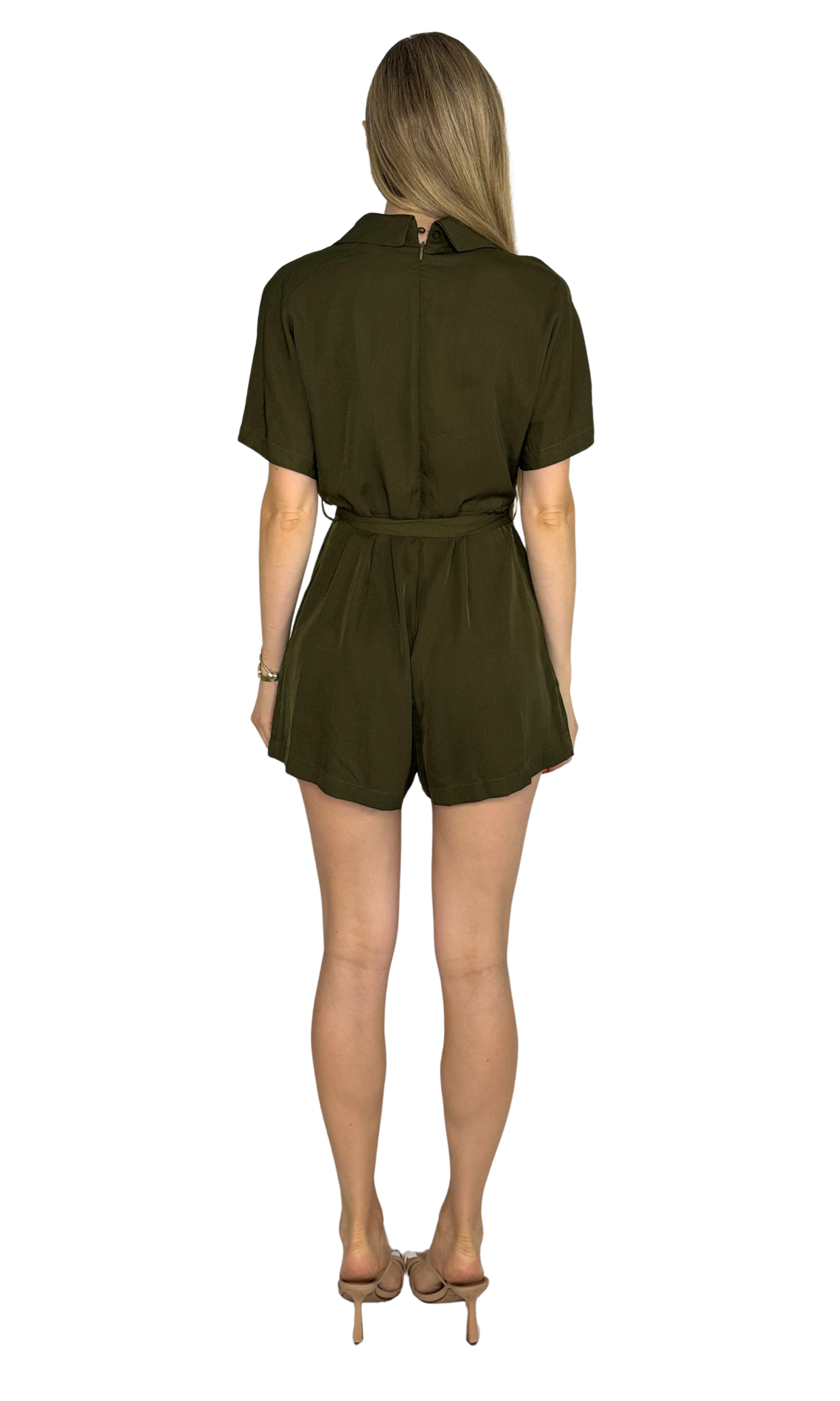 Olive green romper with waist tie belt, hidden zip-up back, and button closure — perfect for day-to-night wear.