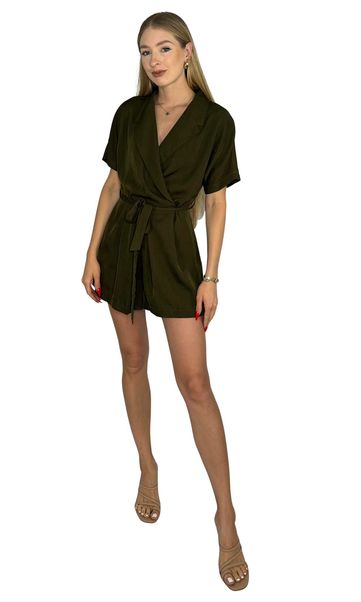 Olive green romper with waist tie belt, hidden zip-up back, and button closure — perfect for day-to-night wear.