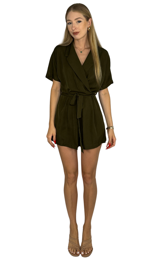Olive green romper with waist tie belt, hidden zip-up back, and button closure — perfect for day-to-night wear.