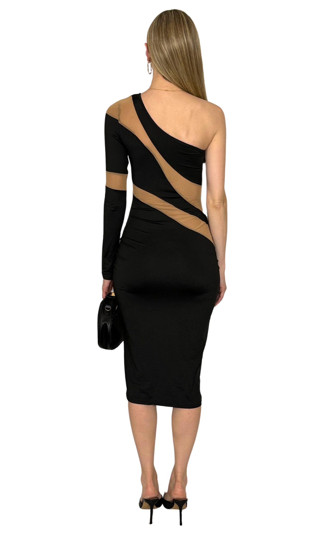 Black one-shoulder mini dress with mesh panel inserts on front, back, and sleeve, unlined design