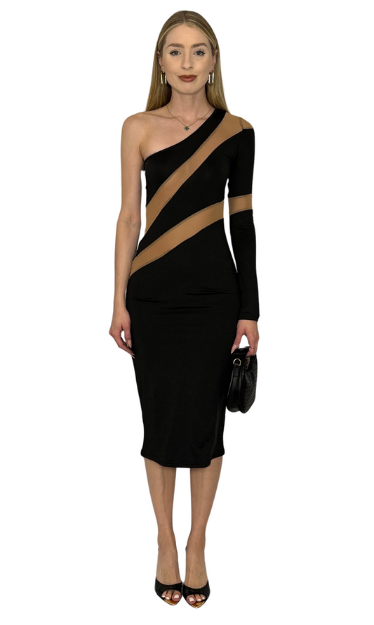 Black one-shoulder mini dress with mesh panel inserts on front, back, and sleeve, unlined design