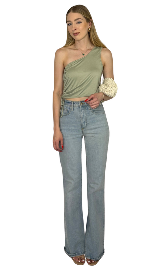 One shoulder crop top with adjustable ruched tie sides and a flattering neckline for a comfortable, stylish fit.