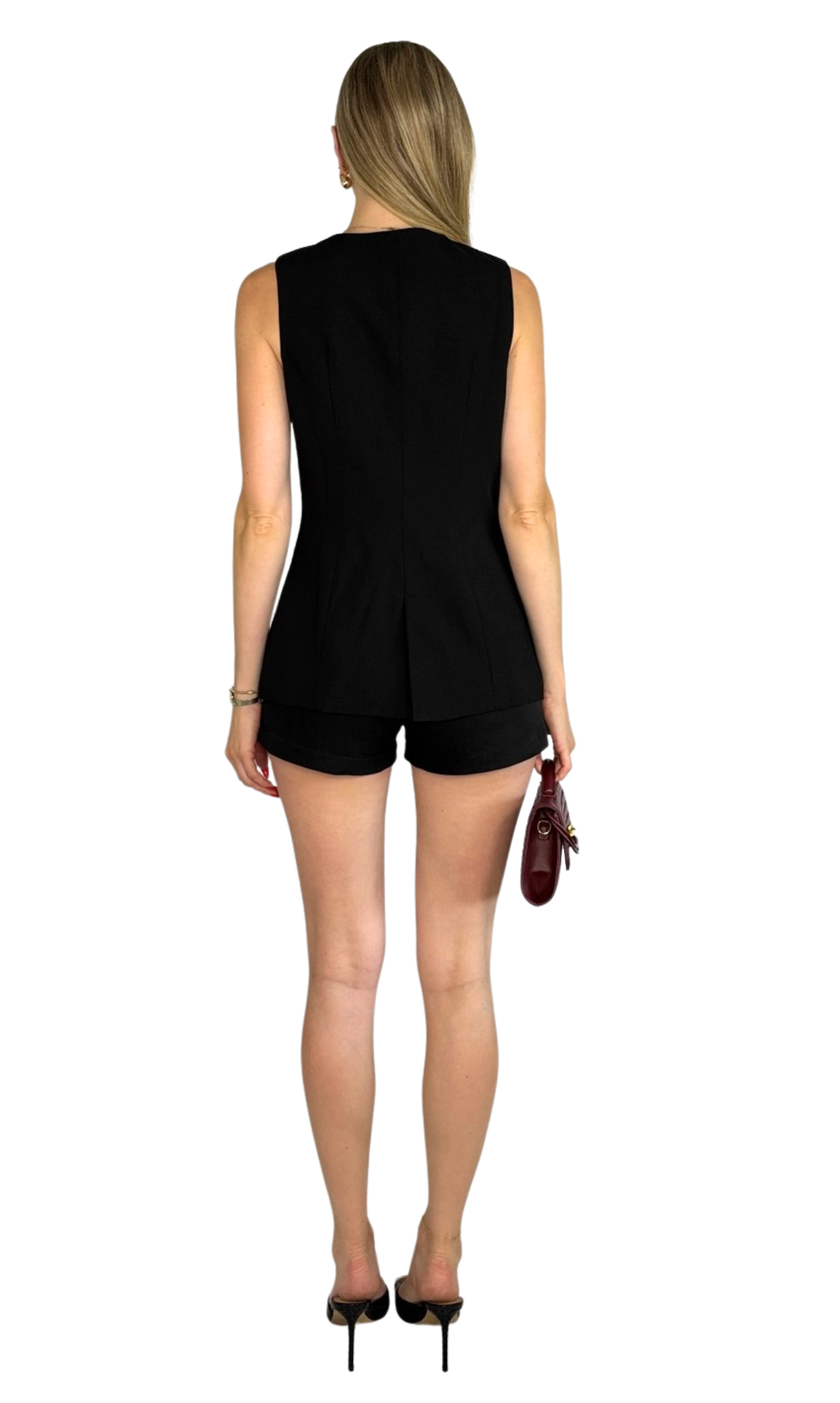 Palmer black textured woven vest top with a longline, sleeveless tailored design, perfect for layering and adding sophisticated style to any outfit.