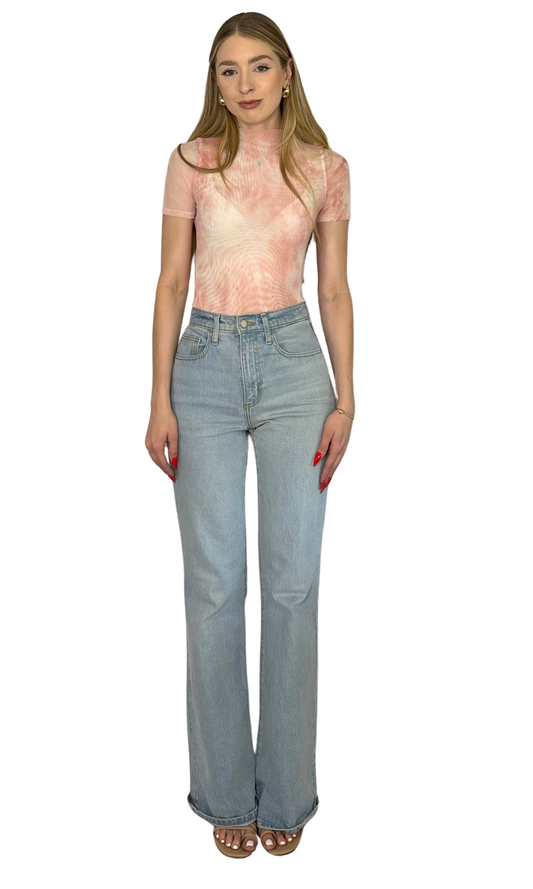 Mock neck pink tie dye mesh bodysuit with short sleeves, thong cut, and snap closure made from stretchy mesh fabric for a flattering and comfortable fit.