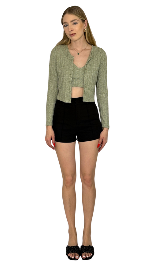 Sage green ribbed bralette cropped tank top paired with a matching button down cardigan, made from lightweight, breathable fabric for all-day comfort and versatile layering.