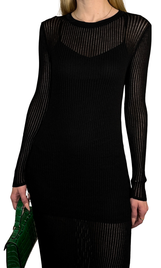 Sheer ribbed knit black midi dress with side slit and detachable slip – elegant and versatile styling option