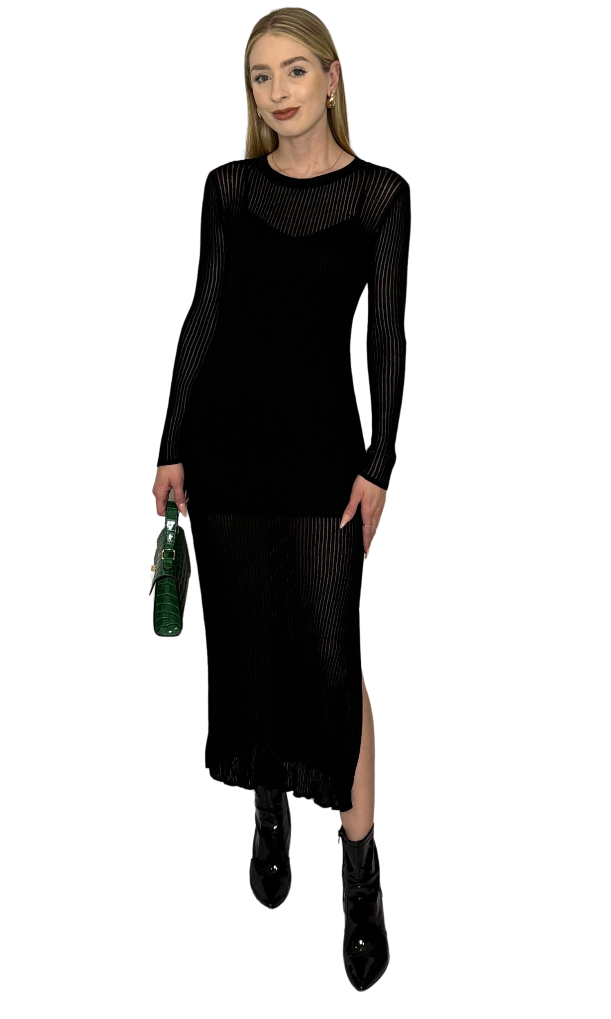 Sheer ribbed knit black midi dress with side slit and detachable slip – elegant and versatile styling option