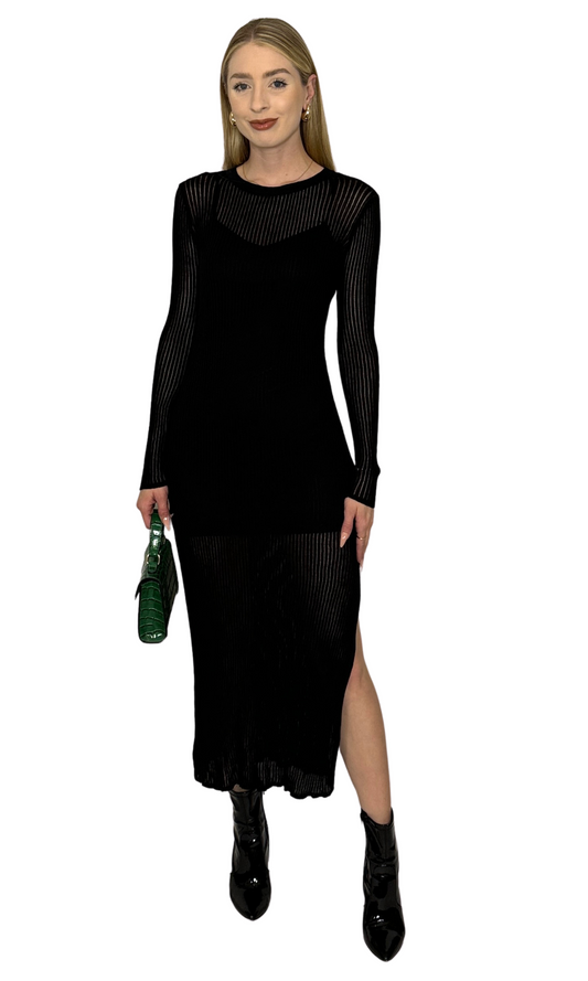 Sheer ribbed knit black midi dress with side slit and detachable slip – elegant and versatile styling option