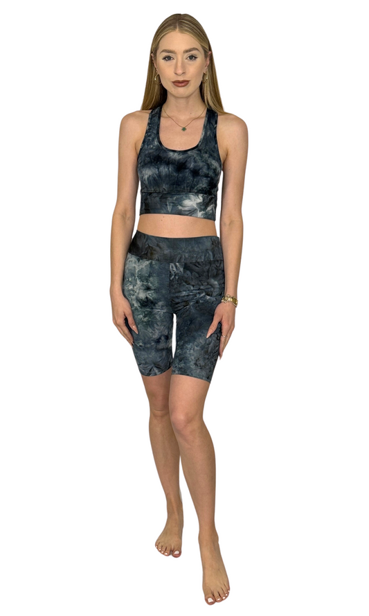 Women's matching tie-dye workout set with biker shorts and sports bra – soft stretchy activewear ideal for yoga, running, and fitness routines